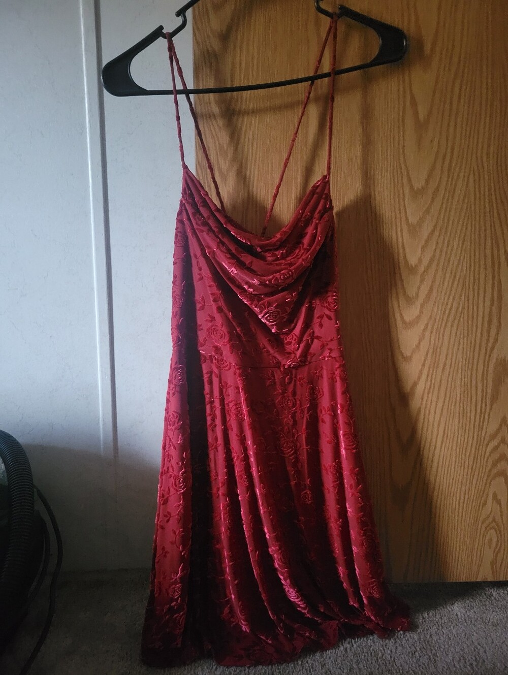 Rewind Red Velvet Floral Cowl Dress